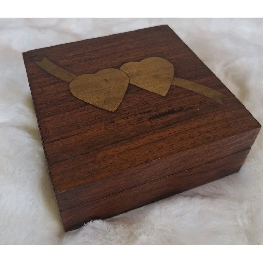 Teak Wooden Jewelry Box Brass Hearts Inlay Vintage Trinket Wood Hinged Lid NY